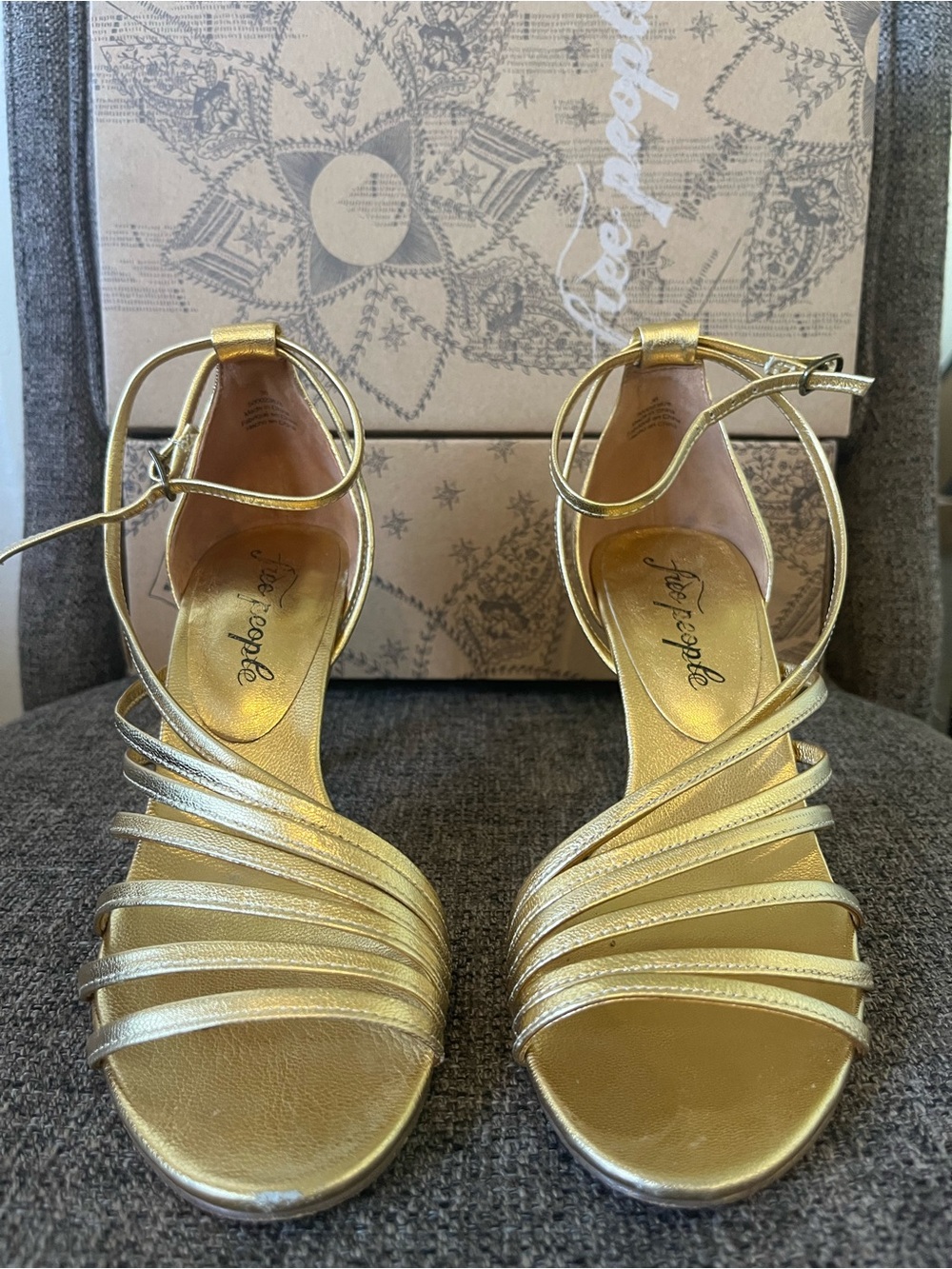 Free People Metallic Gold Discover Fever Strappy Ankle-Wrap Heels